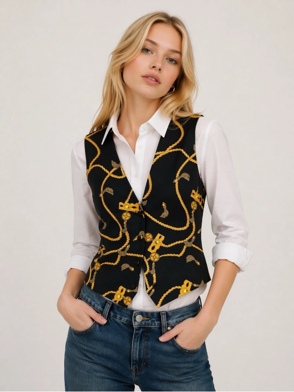 Vintage Olympia Blouses 100% Silk Vest Black Gold Nautical Rope Print Women's L